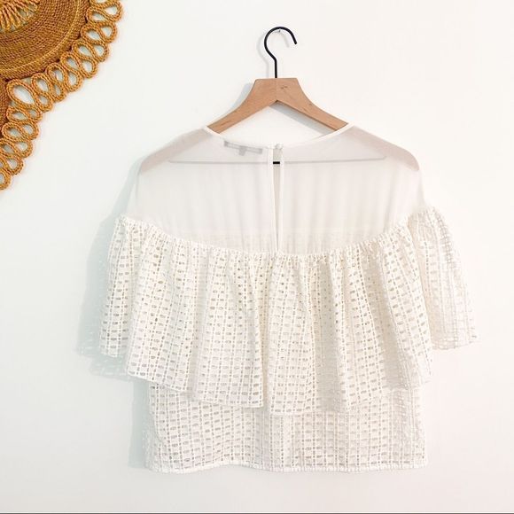 Abbey Glass Luxury Eyelet Mesh Top Floating Ruffle Illusion Blouse White Medium - Picture 9 of 9